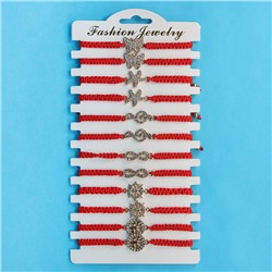 KNN020 Набор плетёных браслетов из красной нити со стразами Ассорти №5, 12шт, цвет золот.
