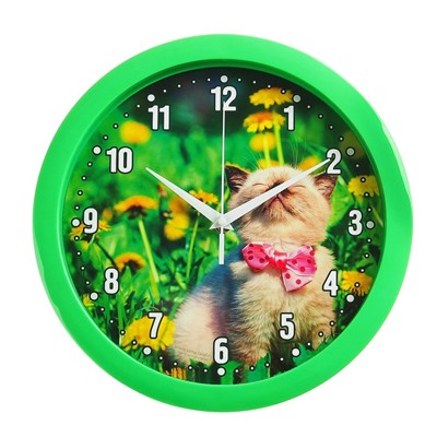 Часы настенные "Котёнок", зелёный обод, 28х28 см, микс