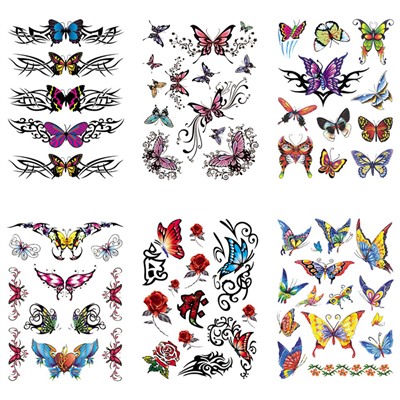 TTK003-109 Временные татуировки набор 6 листов 12х17,5см Бабочки
