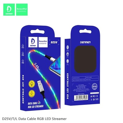 Кабель USB - Lightning DENMEN D25L 2.1A светящийся (серебро) 1м