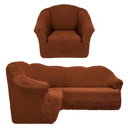 Чехол на угловой диван без юбки с креслом корица