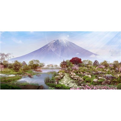 3D Фотообои «Японский сад с видом на Фудзияму»