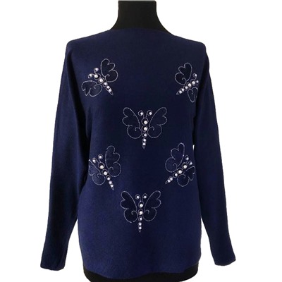 Размер единый 42-46. Модный женский свитер Waltz цвета темный индиго с рисунком "Бабочки".