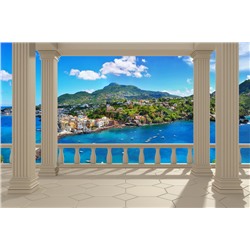 3D Фотообои  «Балкон с колоннами средиземноморский пейзаж»