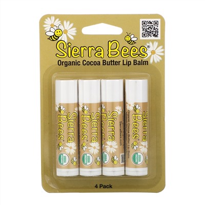 Sierra Bees, Органические бальзамы для губ, какао-масло, 4 штуки в упаковке весом 0,15 унции (4,25 г) каждая