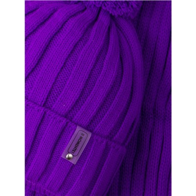 Шапка вязаная детская с бубоном, нашивка В МОМЕНТЕ! + шарф, фиолетовый