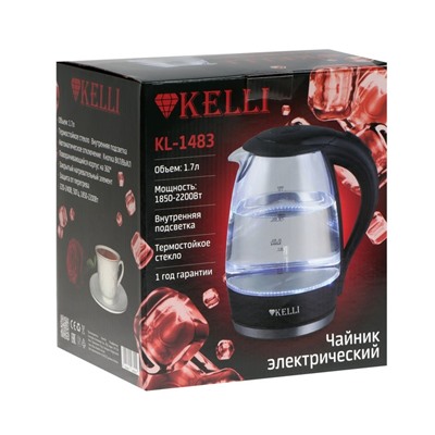 Чайник электрический KELLI KL-1483, стекло, 1.7 л, 2200 Вт, чёрный