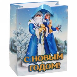 Пакет подарочный 11*14см с блестками С НГ "Дед Мороз и Снегурочка", вертикальный
