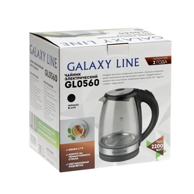 Чайник электрический Galaxy GL 0560, стекло, 1.7 л, 2200 Вт, чёрно-серебристый