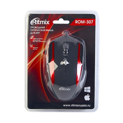 Мышь Ritmix ROM-307, проводная, оптическая, 2400 dpi, USB, черно-красная