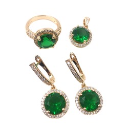 Набор серьги, кольцо, подвеска циркон зеленый позолоченный