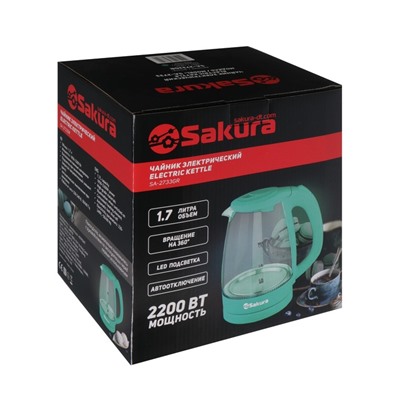 Чайник электрический Sakura SA-2733BG, стекло, 1.7 л, 2200 Вт, зелёный