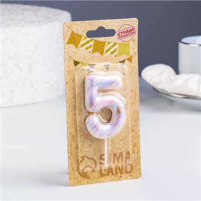 Свеча в торт "Белый мрамор", цифра "5", 8 см