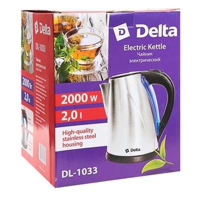 Чайник электрический DELTA DL-1033, металл, 2 л, 2000 Вт, серебристый