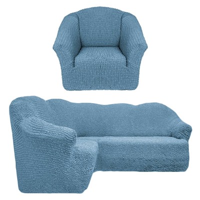 Чехол на угловой диван без юбки с креслом серо голубой
