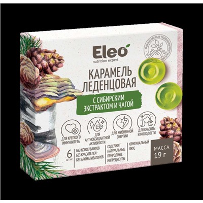 Карамель леденцовая Eleo с сибирским экстрактом и чагой, 19 гр. (6 шт. блистер)