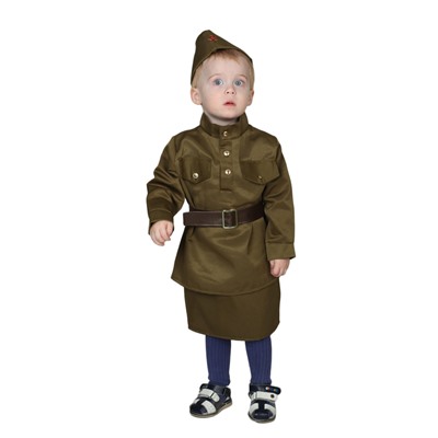 Карнавальный костюм «Солдаточка-малютка», пилотка, гимнастёрка, ремень, юбка, 2-3 года, рост 94-104 см
