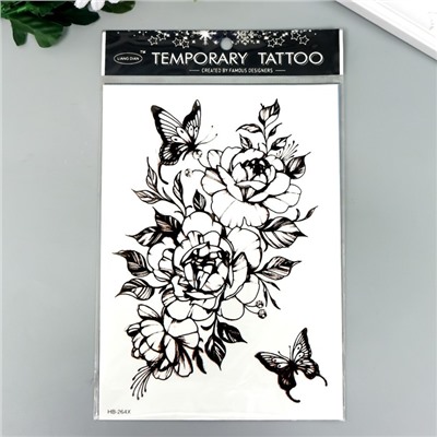 Татуировка на тело чёрная "Розы и бабочки с тенями" 21х15 см