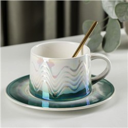 Чайная пара «Затмение», чашка 250 мл, 11×8,7×6 см, блюдце, ложка, цвет зелёный