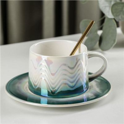 Чайная пара «Затмение», чашка 250 мл, 11×8,7×6 см, блюдце, ложка, цвет зелёный