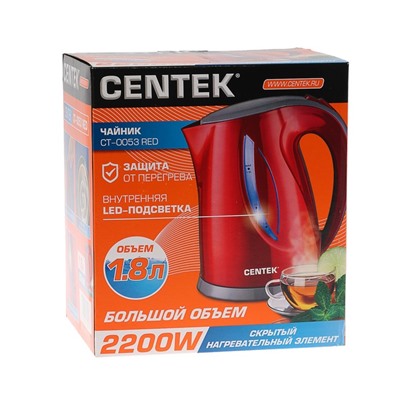 Чайник электрический Centek CT-0053, 2200 Вт, 1.8 л, подсветка, красный