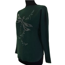 Размер единый 42-46. Мягкий женский свитер Freshness цвета зеленый опал с рисунком "Стрекоза".