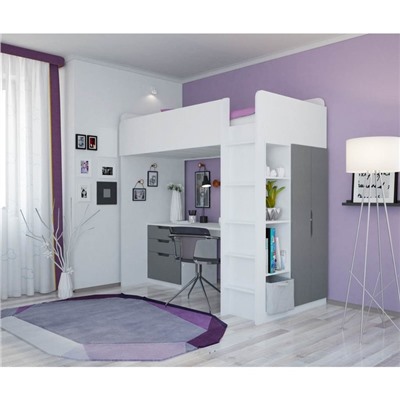 Кроватка-чердак Polini kids Simple с письменным столом и шкафом, цвет белый-серый
