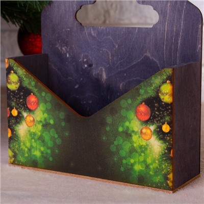 Кашпо деревянное "Конверт, Новогодний №2", деревянная ручка, чёрное, 20,5×18×6 см