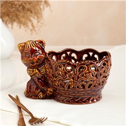 Конфетница "Котик", коричневая, сквозная резка, керамика, 13 см
