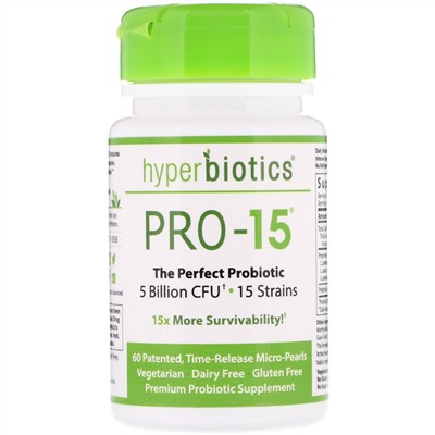 Hyperbiotics, PRO-15, идеальный пробиотик, 5 млрд КОЕ, 60 запатентованных таблеток с медленным высвобождением