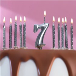 Набор свечей для торта (2 в 1) серебряная Цифра "7" + Свечи "С Днём Рождения" серебро 10шт