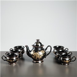 Чайный сервиз "Ромашка", чёрный, золотая ветка, чайник 0,7 л, 6 чашек 0,2 л