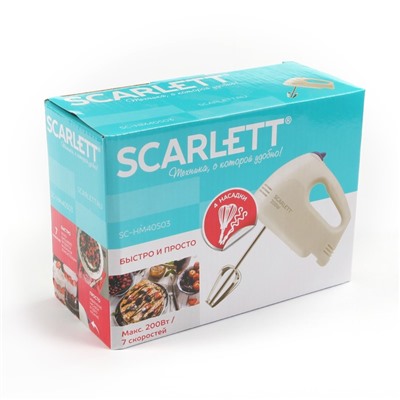 Миксер Scarlett SC-HM40S03, 200 Вт, 7 скоростей, насадки для крема и для теста, белый