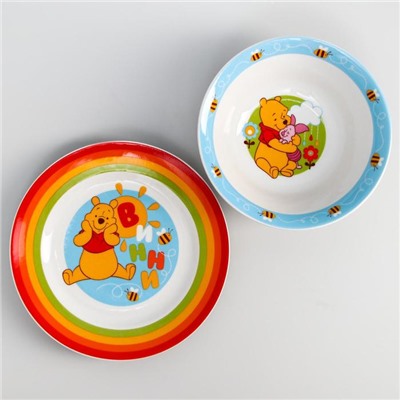 Набор посуды 4 предмета: тарелка Ø 16,5 см, миска Ø 14 см, кружка 200 мл, коврик в подарочной упаковке, Медвежонок Винни и его друзья