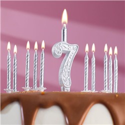 Набор свечей для торта (2 в 1) серебряный узор Цифра "7" + Свечи "С Днём Рождения" 10 шт