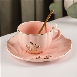 Чайная пара с ложкой «Линия», чашка 250 мл, блюдце 15,5×6,5 см, цвет розовый