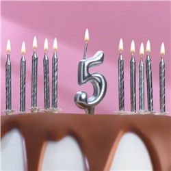 Набор свечей для торта (2 в 1) серебряная Цифра "5" + Свечи "С Днём Рождения" серебро 10шт