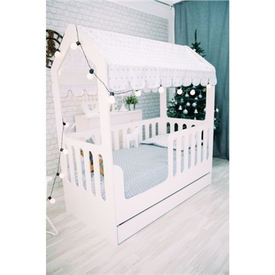 Детская кровать-домик с ящиком, белый, 800х1600, текстиль 2