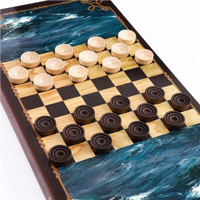 Нарды "Морские", деревянная доска 50 х 50, с полем для игры в шашки, полиграфия