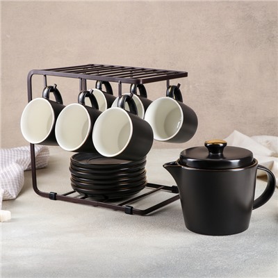 Сервиз чайный на металл подставке «Блэк», 13 предметов: чайник 700 мл, 6 чашек 200 мл, 6 блюдец