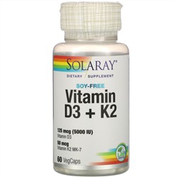 Solaray, витамины D3 и K2, без сои, 125 мкг (5000 МЕ), 60 растительных капсул
