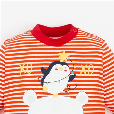 Пижама детская (лонгслив, брюки) «Медведь и Пингвин», цвет белый полоска/красный, рост 74 см