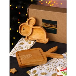 Подарочный набор посуды Adelica «Ушастый заяц», доска разделочная 28×15×1,8 см, менажница 22×18×1,8 см, берёза