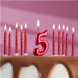 Набор свечей для торта (2 в 1) рубиновая Цифра "5" + Свечи "С Днём Рождения" рубин 10 шт