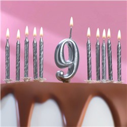 Набор свечей для торта (2 в 1) серебряная Цифра "9" + Свечи "С Днём Рождения" серебро 10шт