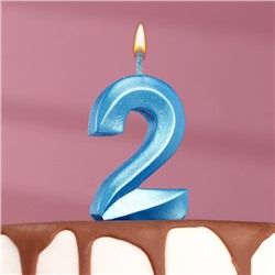 Свеча в торт "Грань", цифра "2", голубой металлик, 7.8 см