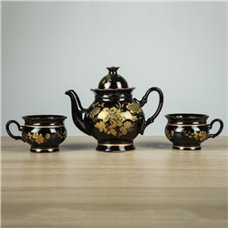 Чайный сервиз "Ромашка" чёрный, золотая ветка, чайник 0,7 л, 2 чашки 0,2 л