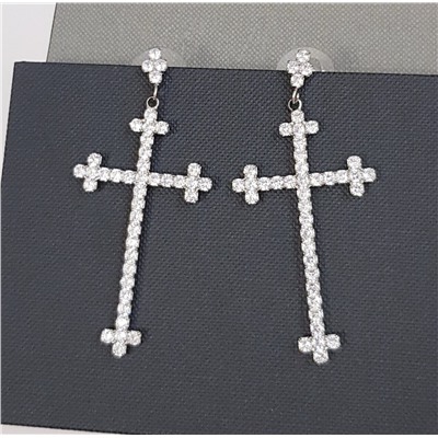 Серьги-гвоздики Кресты с цирконами серебристый цвет