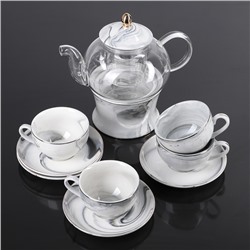 Набор чайный «Марбер», 10 предметов: чайник на подставке с ситом 650 мл, 4 чашки 120 мл, 4 блюдца 12 см