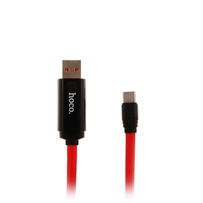 Кабель Hoco, Type-C - USB, 2 А, 1 м, дисплей с индикатором зарядки, таймер, красный